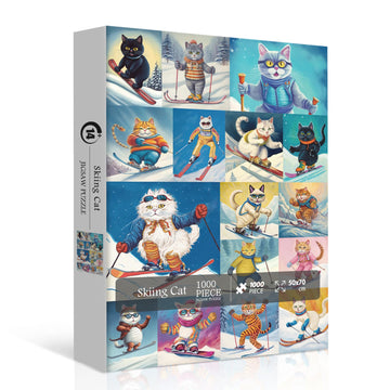 Cat Puzzles For Adults 1000 Pieces And Up, Pickforu Funny Puzzles Collection Kitten Skiing Poster, Vintage Animal Puzzle For Cat Lover