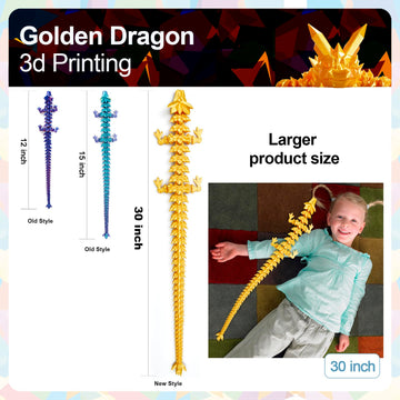 Rwsefk 30 In 3D Printed Dragon, 30Inch Dragon,3D Dragon Toy,Large Dragon Present,Ariculated Crystal Dragon(Gold)