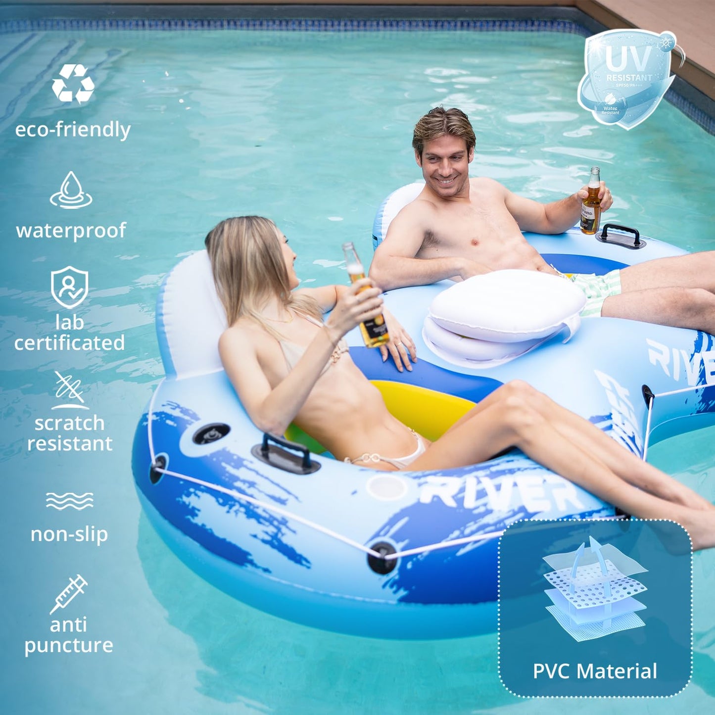Sunrio 2024 New River Floats for mature-themeds Heavy Duty Pool Floats enhanced River Tube with Mesh Bottom Lake Floats for mature-themeds Pool Floats River Tube for Occupations & Recreation Pool Lounger(Blue-White)