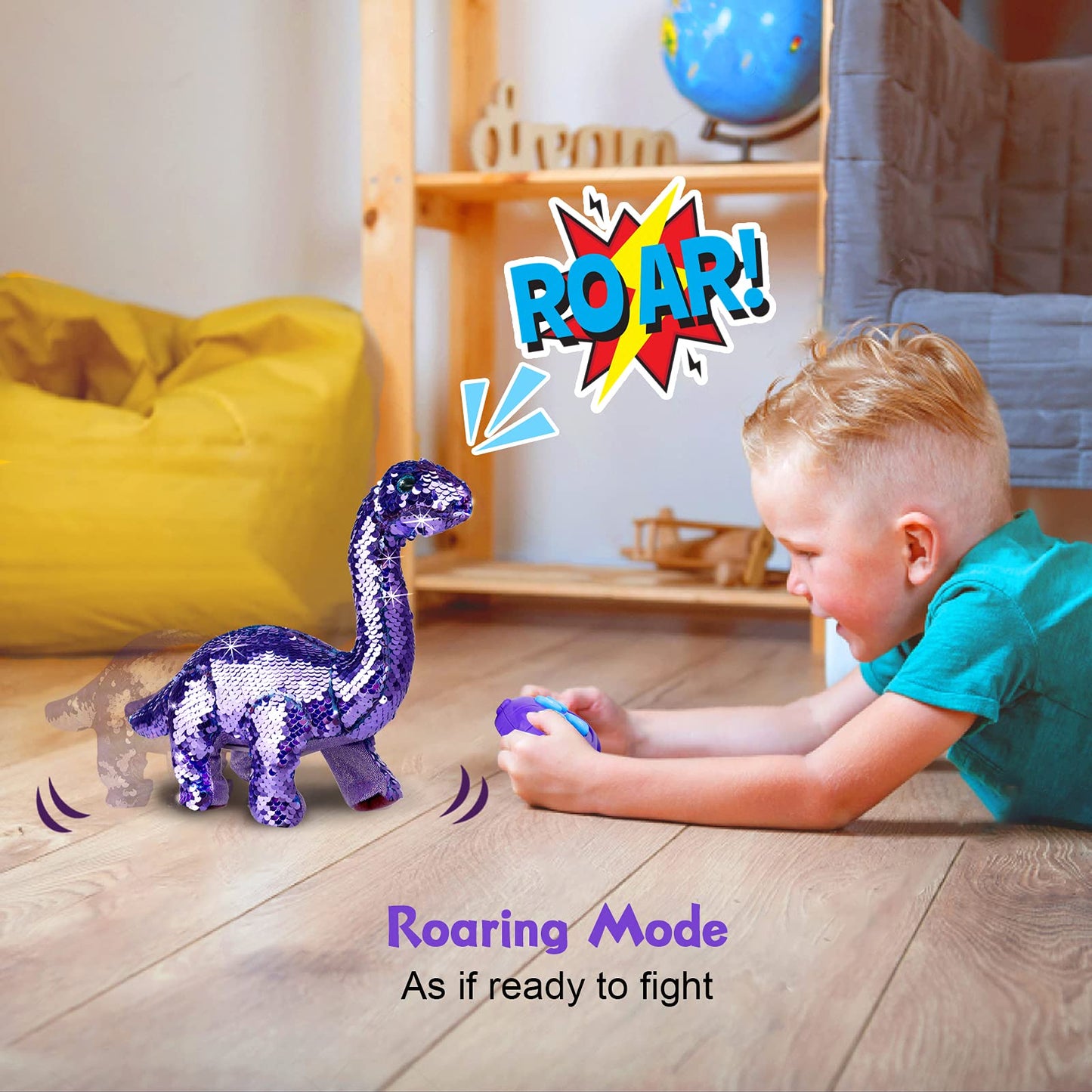 Koonie Dinosaur Toys For Girls, 2 Year Old Girl Toys, Purple Dinosaur Remote Control Reversible Sequins Dinosaur Toy Can Repeat Walk Roar Sing, Christmas Birthday Gifts For 2-7 Years Old Kids Toddlers, Medium