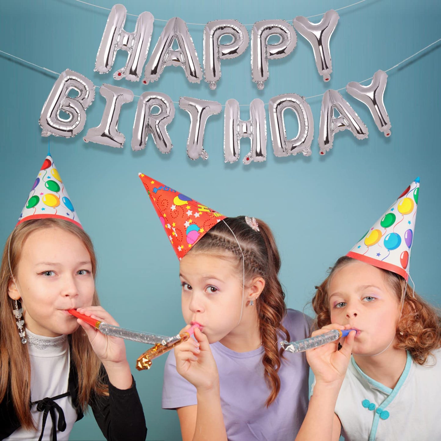 Pigetale Silver Happy Birthday Balloons Banner, 16 Inch 3D Aluminum Foil Inflatable Hanging Letter Kit Set, Mylar Happy Birthday