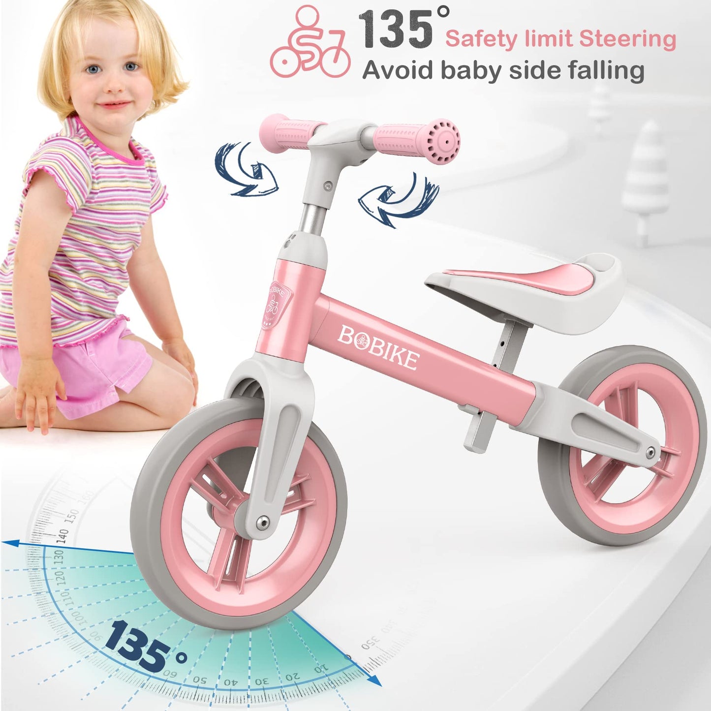 Bobike Toddler Balance Bike Toys For 1 To 3 Year Old Girls Boys Adjustable Seat And Handlebar No-Pedal Training Bike Best Gifts For Kids (Pink)