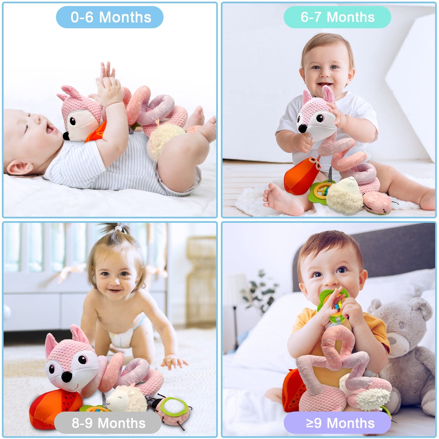 MONSTIME Pink Car Seat Toys for Infants 0-6 Months, Stroller & Bassinet Rattles, Teether with Music - Ideal Baby Toy for Boys & Girls