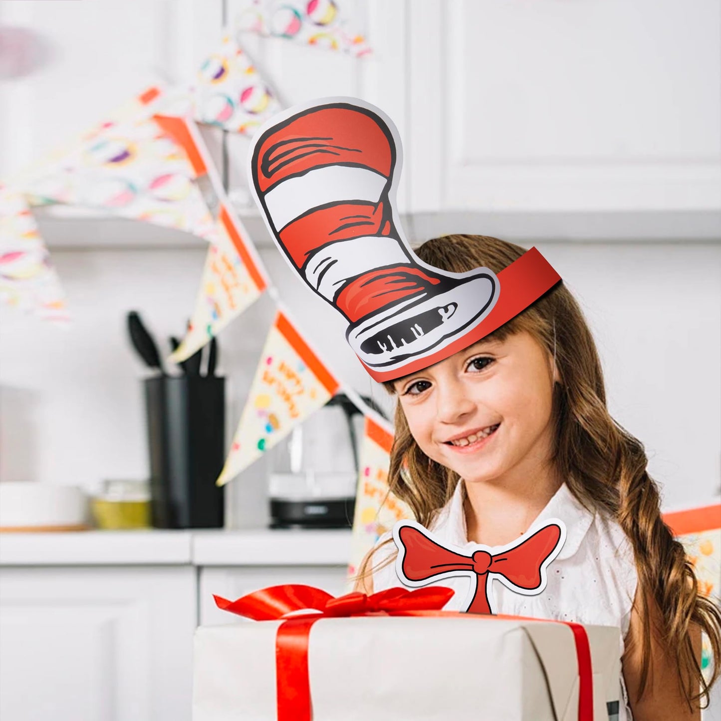 Wehhbtye 24 Pcs White and Red Striped Paper Hats and Bow Tie, Red Cat Costume Top Hat with Glue Point, Circus Paper Headwear for