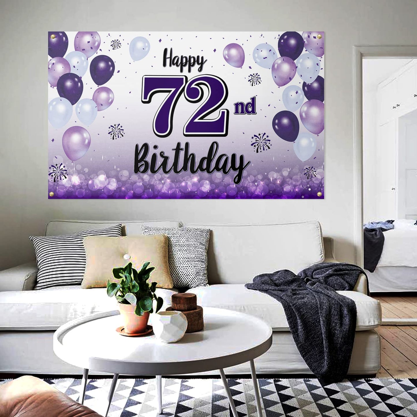 LASKYER Happy 72nd Birthday Decorations,72nd Purple Balloon Large Birthday Banner Backdrop Sign,72 Years Old Bday Party Supplies