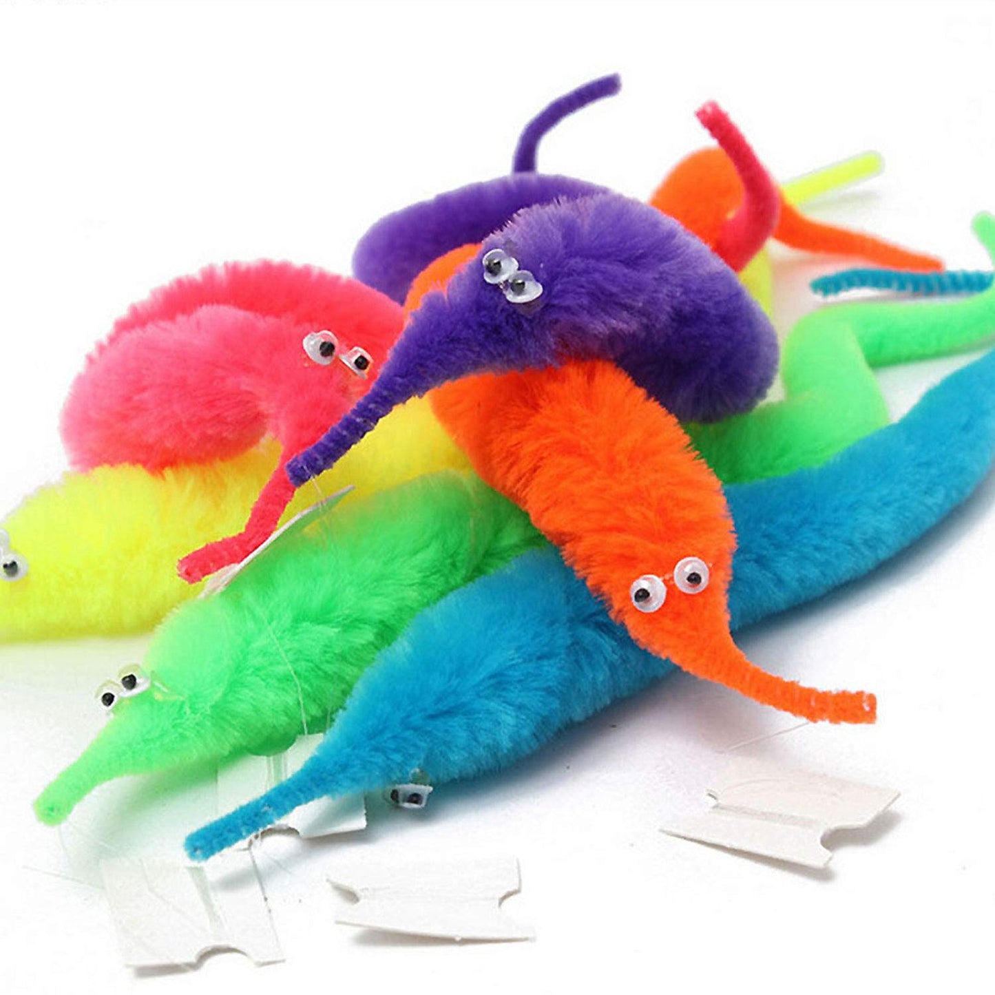 Haptime Worm On A String, Fuzzy Worms With Wiggle Eye, Trick Toy, Pet Toy, Classic Party Favors Bag Fillers Christmas Stocking Stuffer Gifts (64 Pcs,16 Diffrent Colour)