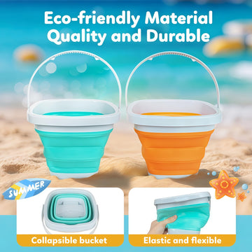 Gkdoms Kids Beach Toys Set With Collapsible Bucket, Sand Rake And Shovel, Turquoise And Orange, Ages 2-6, 2Pack Travel Toys (Two