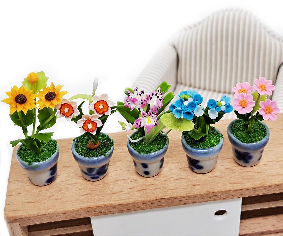 WitnyStore Tiny 1 High 5 Pieces Set Mix Sunflower Orchid Hydrangea Zinnia - Hand Made Artificial Flowers Colorful Miniature Real