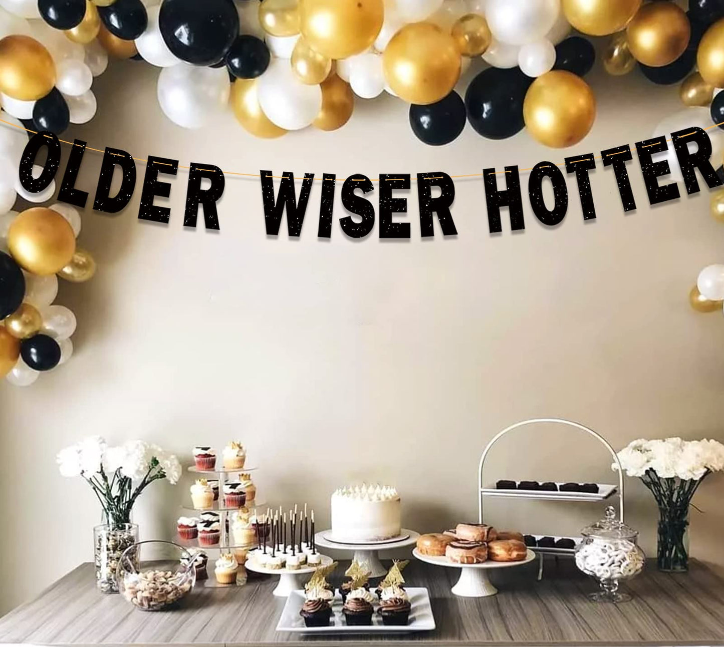 Ushinemi Black Older Wiser Hotter, Funny Birthday Banner For Men Women, Glitter Birthday Party Decorations