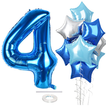 Dark Blue Foil Balloon Number 4, 40 Inch Giant Globos Azules Light Metallic Blue Mylar Four Balloon, Royal Blue Silver Star Self