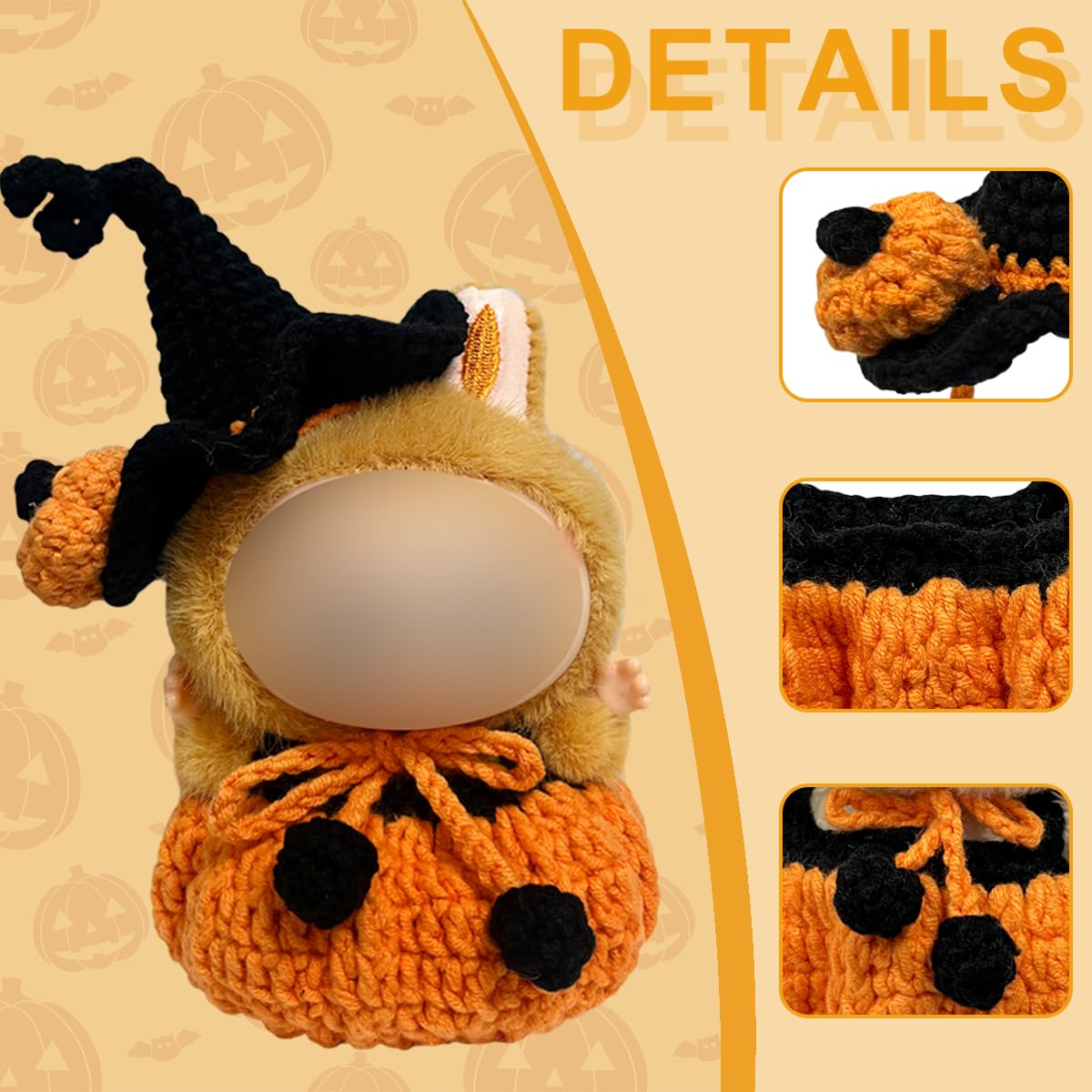 Halloween Clothes for Labubu 2 Piece Handmade Crochet Pumpkin Clothes Accessories for Labubu Outfits with Hat Overall (No Doll Included) (Black)