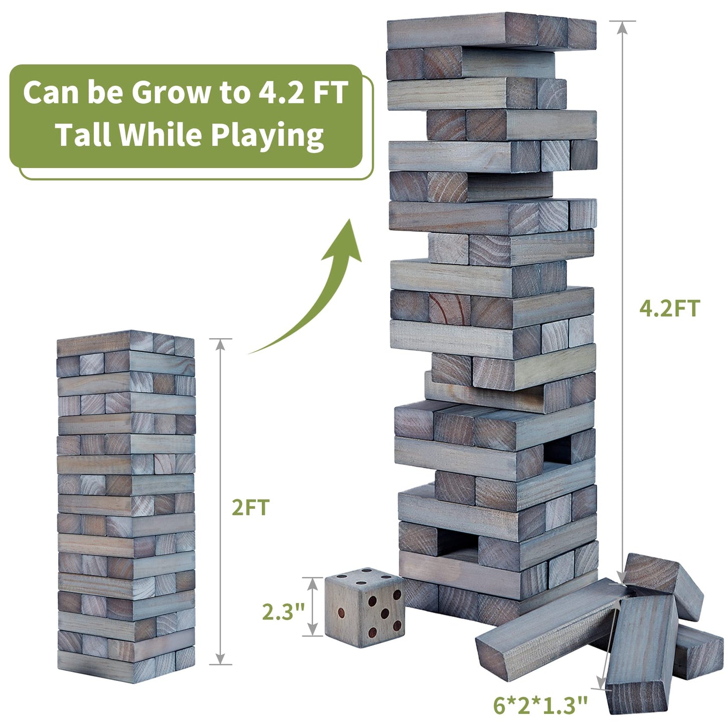 Apudarmis Giant Tumble Tower (Stack From 2Ft To Over 4.2Ft), 54 Pcs Pine Wooden Stacking Timber Game With 1 Dice Set - Classic Block Giant Outdoor Game For Teens Adults Family (Gray)