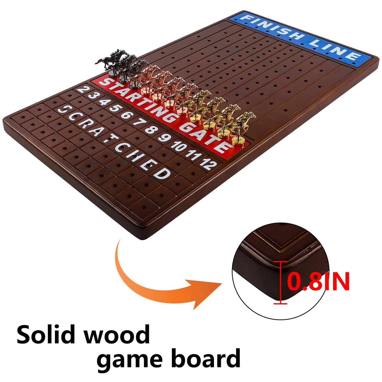 Grhonior 21 Inches Horse Racing Board Game Wooden Finish Line Race Horse for Family and mature-themed Party with 11 Metal Horses Classic Card and Dice Horse Track Tabletop Game Nights