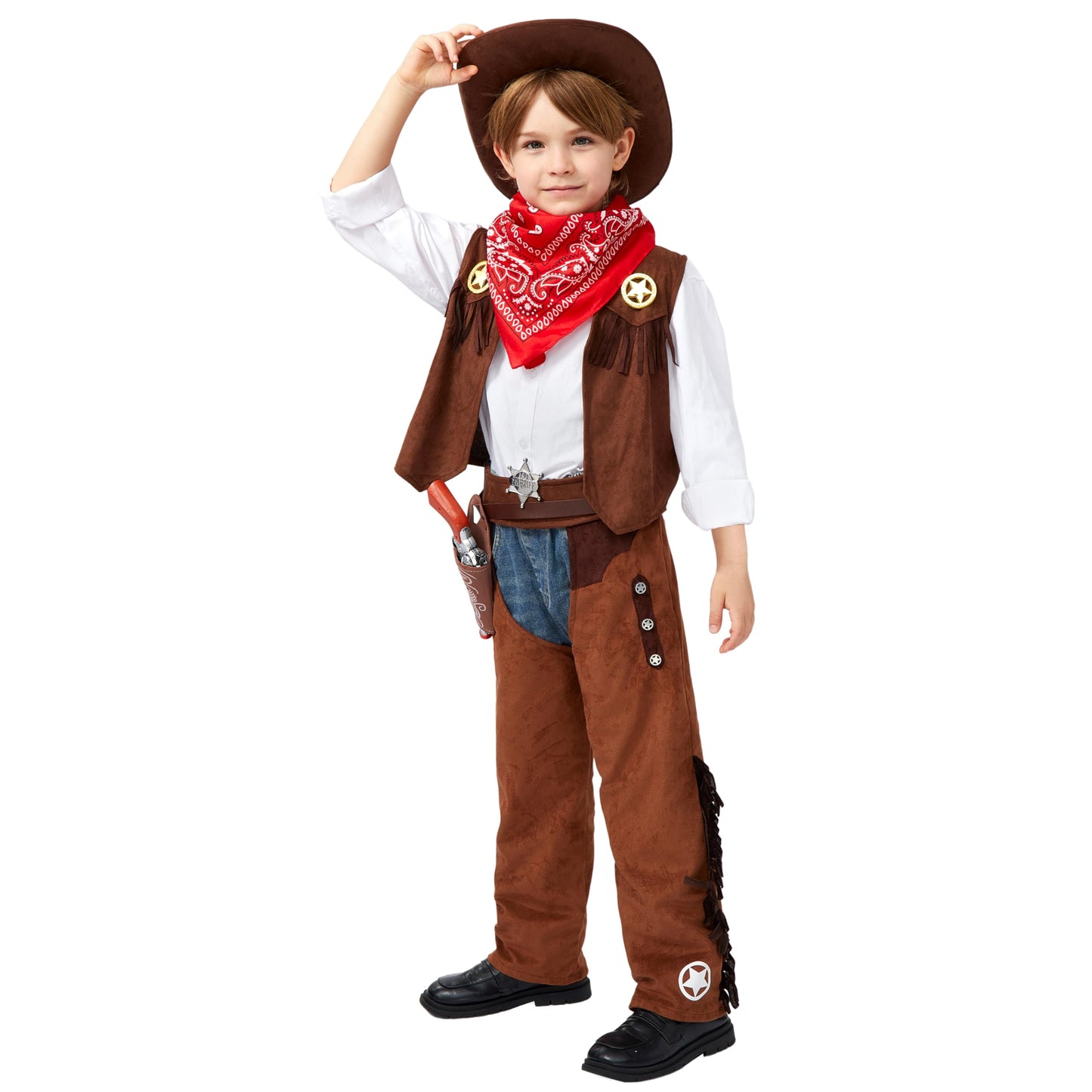 Spooktacular Creations Halloween Cowboy Costume For Boys, Kids Brown Western Costume, Deluxe Cowboy Outfit Set With Hat For Toddler Halloween Dress-Up, Roleplay Themed Party (Large, 10-12 Yrs)