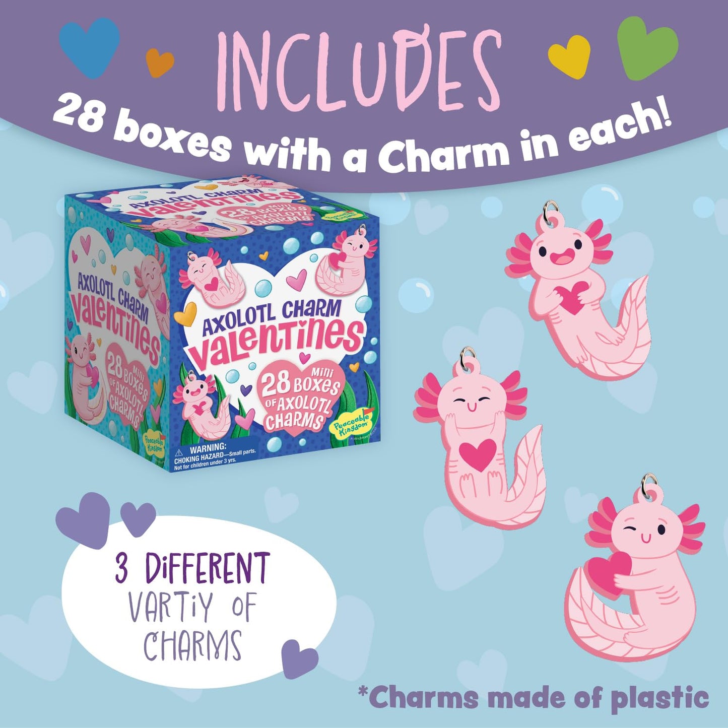 Peaceable Kingdom Valentines Cards for Kids Classroom, Set of 28 Valentines Day Gifts - Axolotl Friendship Charms