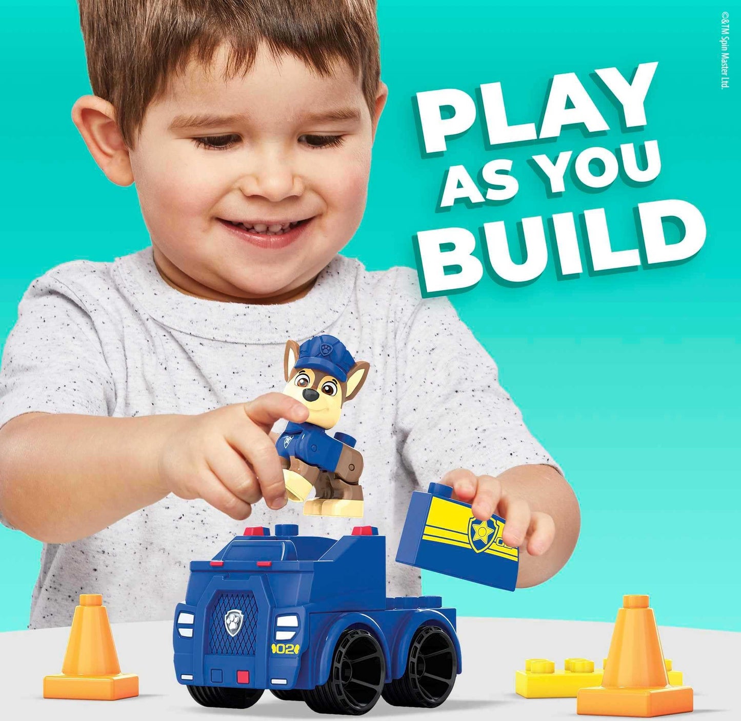 MEGA BLOKS Paw Patrol Chase's Patrol Car Building Set, Includes Chase Figure & 10 Blocks, Multicolour, Model HDJ33, Ages 3+