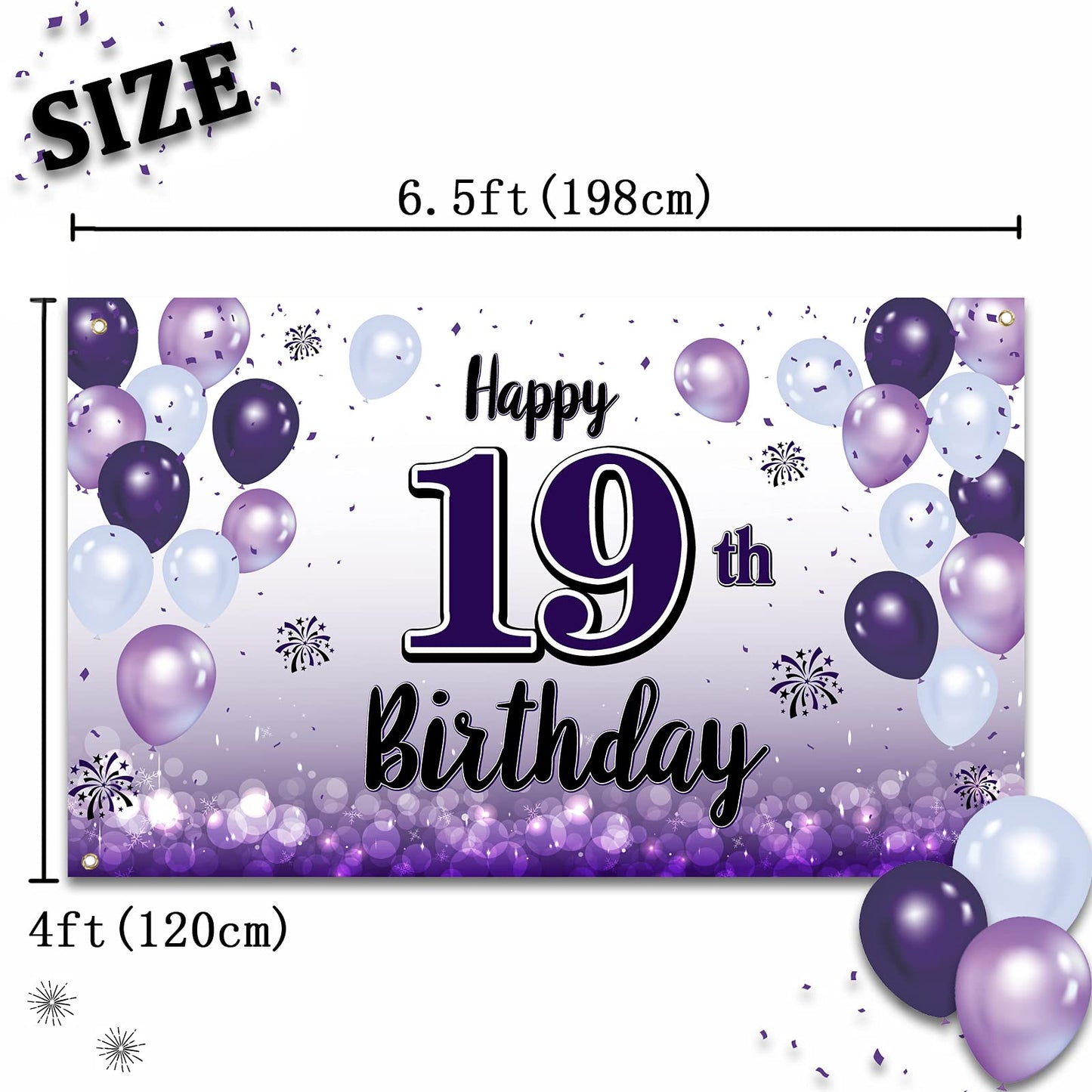 LASKYER 19th Birthday Decorations - Purple Balloon Banner Backdrop, Polyester Sign for Nineteen Years Old Bday Party Supplies