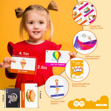 60 Cards, 120 Pictures Educational Toddler Flash Cards For Toddlers 3,4,5,6 Years, Preschool Kindergarten Toddler Learning Toys, Professional,Food,Drink, Transportation, Feeling, Behavior