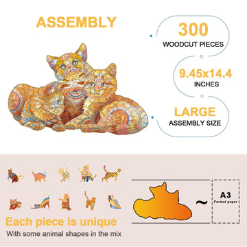 Nktdwo Jigsaw Puzzles, Orange Cat Wooden Puzzles For Adults And Kids, 300 Pcs Brain Teaser Puzzles Gift For Birthday Holiday Val