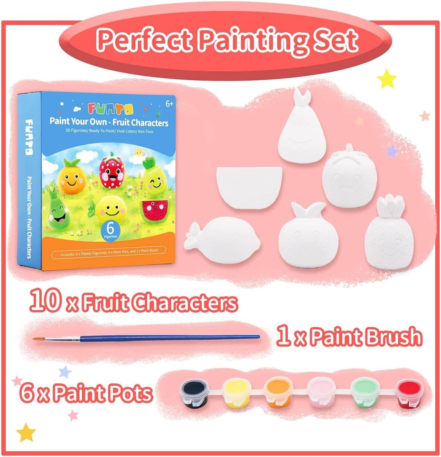 Funto Paint Your Own Fruits Painting Kit, 13 PCS Crafts Set for Kids, STEAM Project Creative Activity DIY Toys with 6 Figurines,