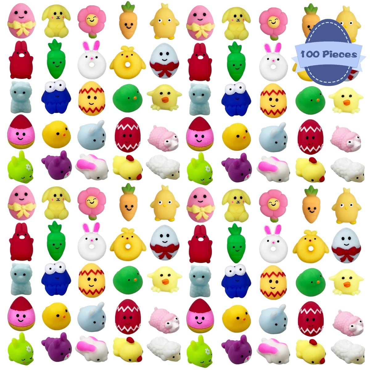 Anditoy 100 PCS Easter Mochi Squishy Toys Stress Relief Squishies for Kids Boys Girls Toddlers Easter Basket Stuffers Egg Filler
