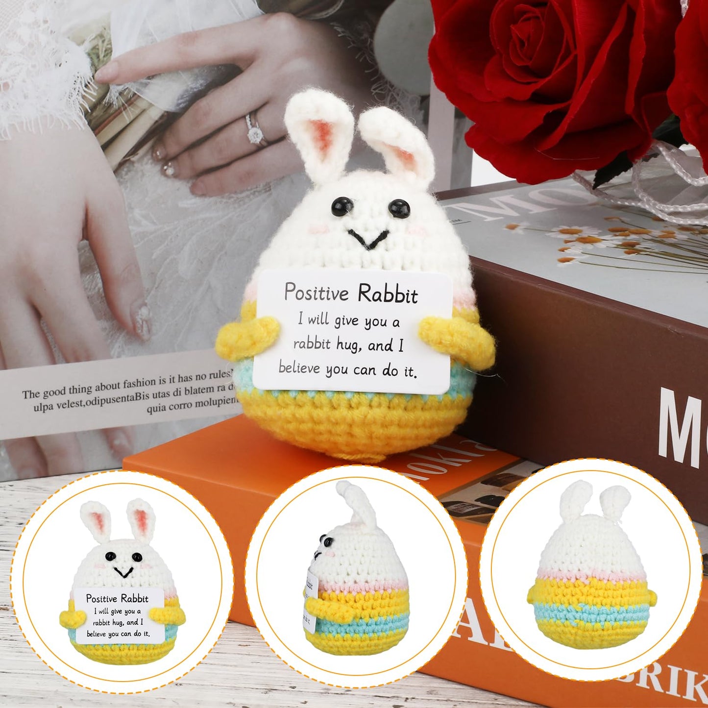Nqeuepn Funny Positive Bunny Out Of Shell, Creative Doll Emotional Crochet Rabbit Cute Knitted Bunny Toy Holding Card Support Po