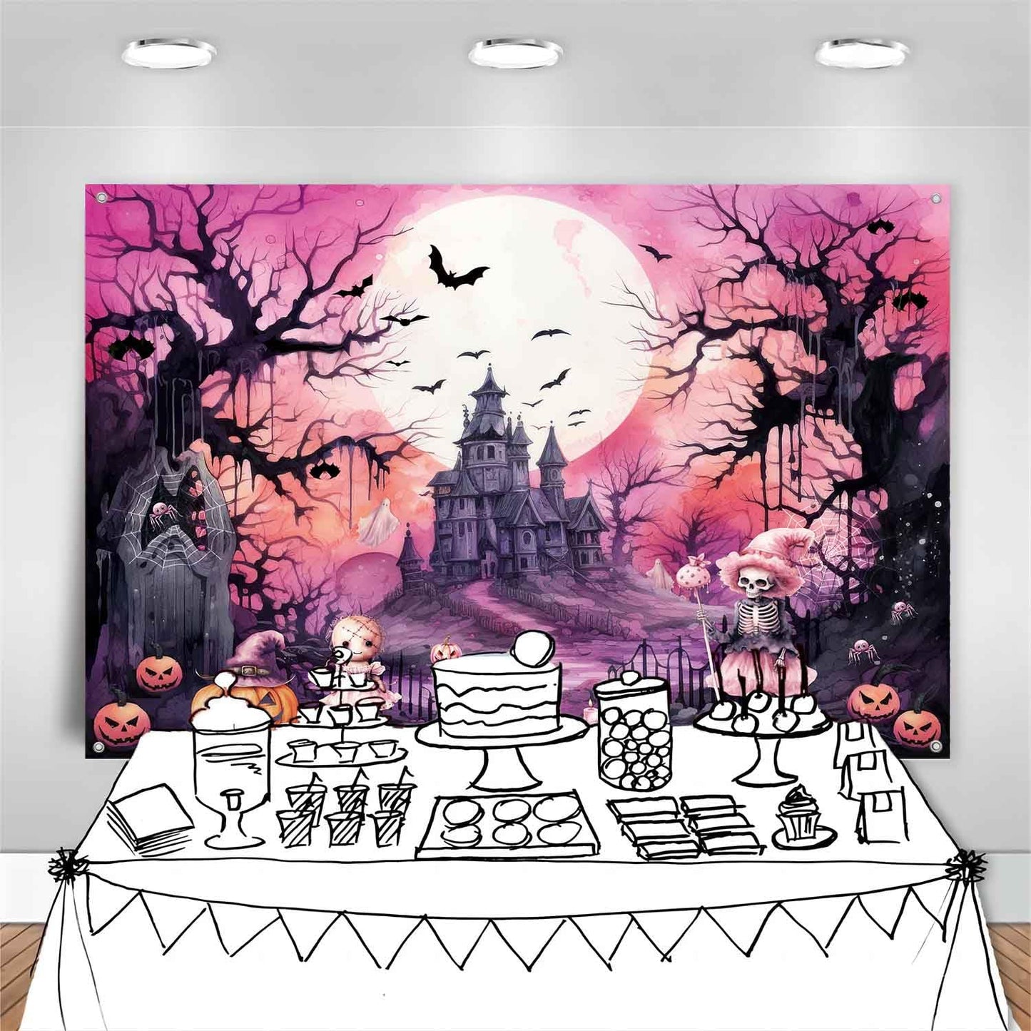 LDWLYW Pink Halloween Photography Backdrop Large Happy Birthday Halloween Banner Background Haunted House Witch Halloween Party