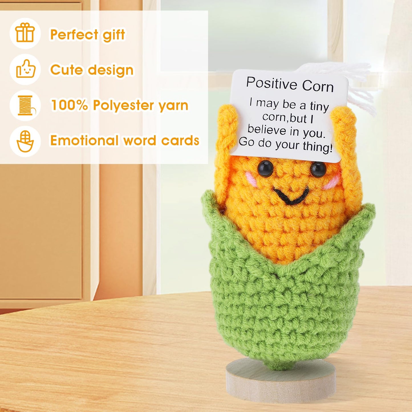 Grevosea Mini Funny Positive Corn, 3 Inch Positive Corn Crochet With Wood Base Cute Wool Funny Knitted Positive Corn Doll Cheer Up Gifts For New Year Birthday Friends Party Decoration Encouragement
