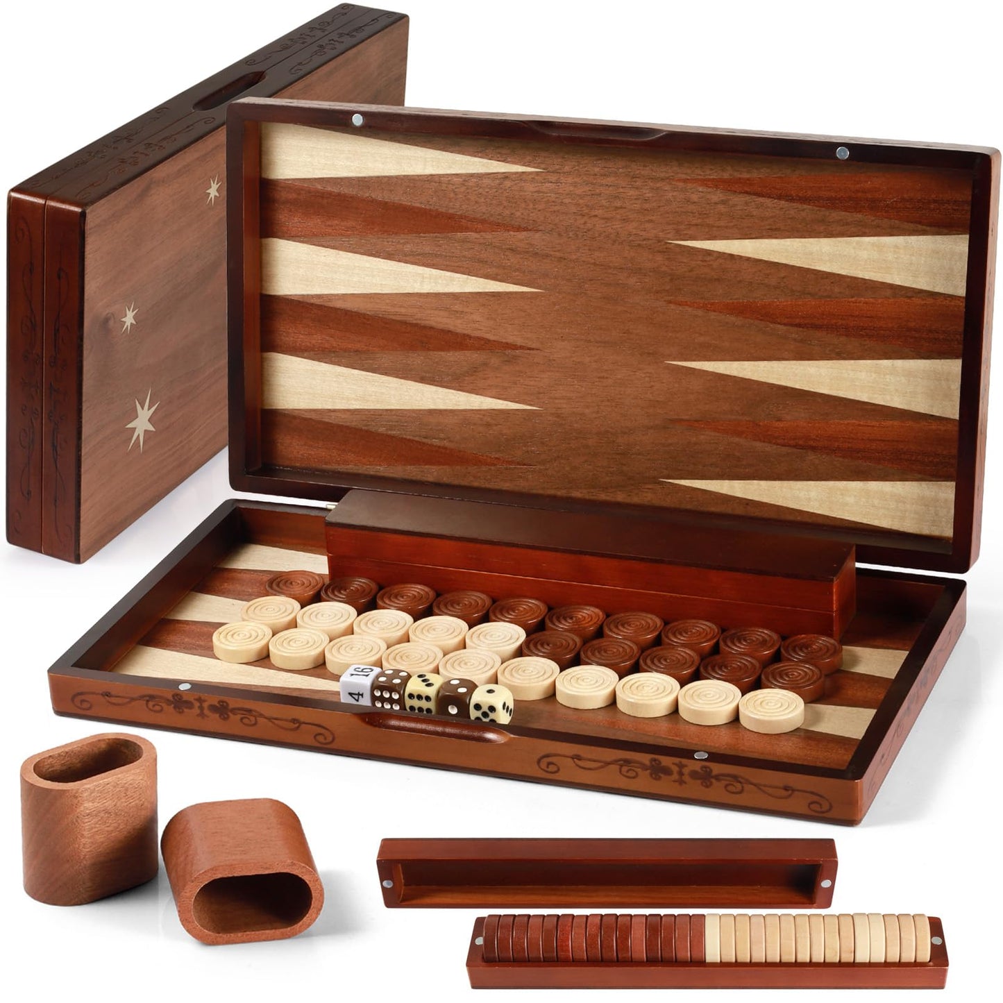 Handcrafted Wooden Backgn Set - 16x15.3inch  Oversized Pieces  Intricate Carvings  enhanced Travel Game Board for mature-themeds & Kids (Star)