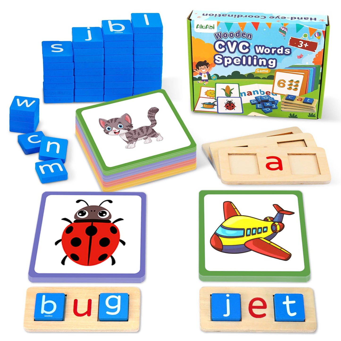 AluAbi Wooden CVC Word Spelling Games, Sight Words Flash Cards Reading Letters for Beginner Preschool Learning Activities Montes