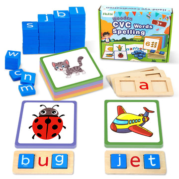 AluAbi Wooden CVC Word Spelling Games, Sight Words Flash Cards Reading Letters for Beginner Preschool Learning Activities Montes