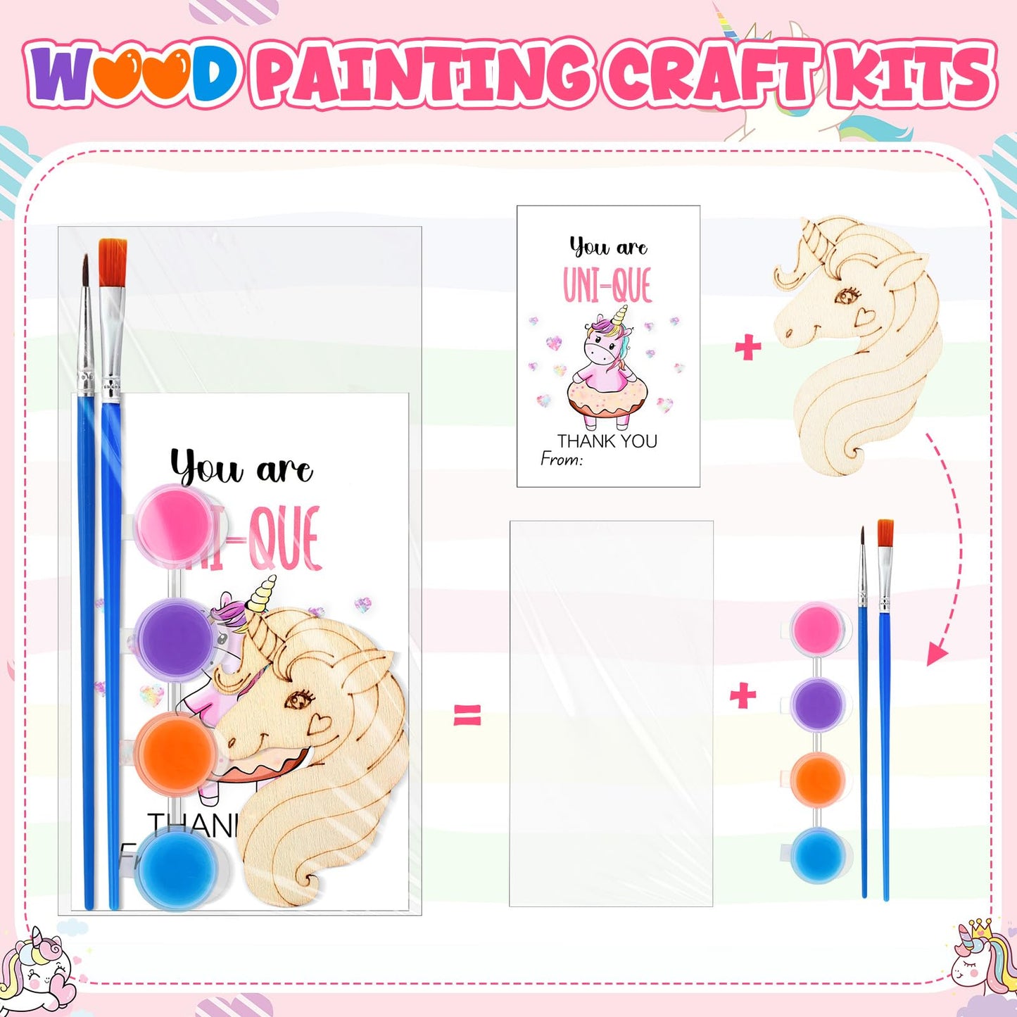 Leinuosen 28 Sets Unicorn Party Favors Wood Painting Craft Kits with Art Supplies and Inspirational Cards Thank You for Coming G