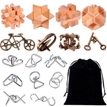 Rileryan 16 Pcs Wooden Metal Brain Teasers For Adults 3D Brain Teasers Wooden Cube