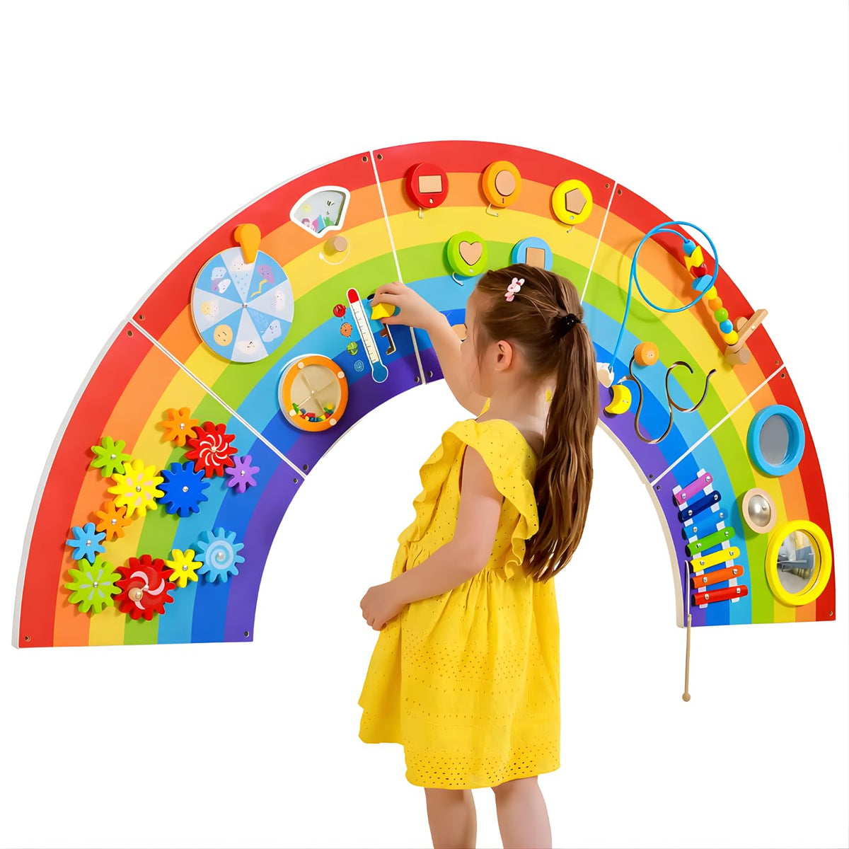 Montessori Rainbow Wall Activity Board For Toddlers  Sensory Busy Board With Gears, Beads & Xylophone, Wooden Educational Motor