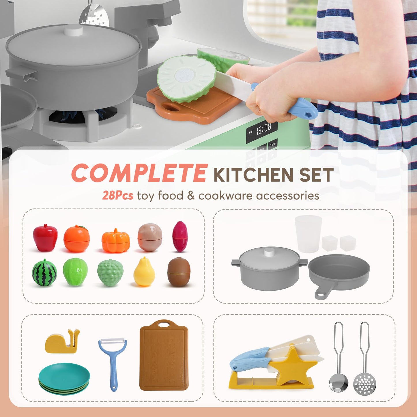 BIERUM Play Kitchen with Realistic Lights & Sounds, Wooden Kitchen Playset with 28 Pcs Toy Food & Cookware Accessories, Toy Kitc