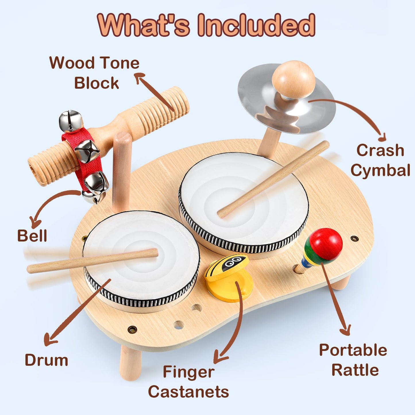 Cozybomb Kids Drum Set For Toddlers: Montessori Musical Instruments Set Toddler Toys - 7 In 1 Wooden Musical Kit Baby Sensory Educational Toys - Christmas Birthday Gifts For Boys & Girls Age 2 3 4 5 6