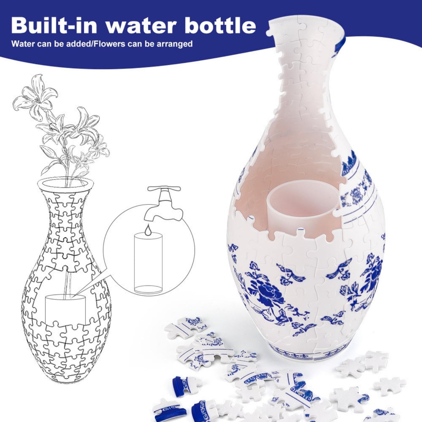 JBD mature-themed 3D Puzzle Vase - 160-piece DIY vase Set  Waterproof and Glue-Free Home Decor  Thanksgiving Puzzle  rebuildable Geometric Art (9.6x4.3 inches  Multi-Color Castle)