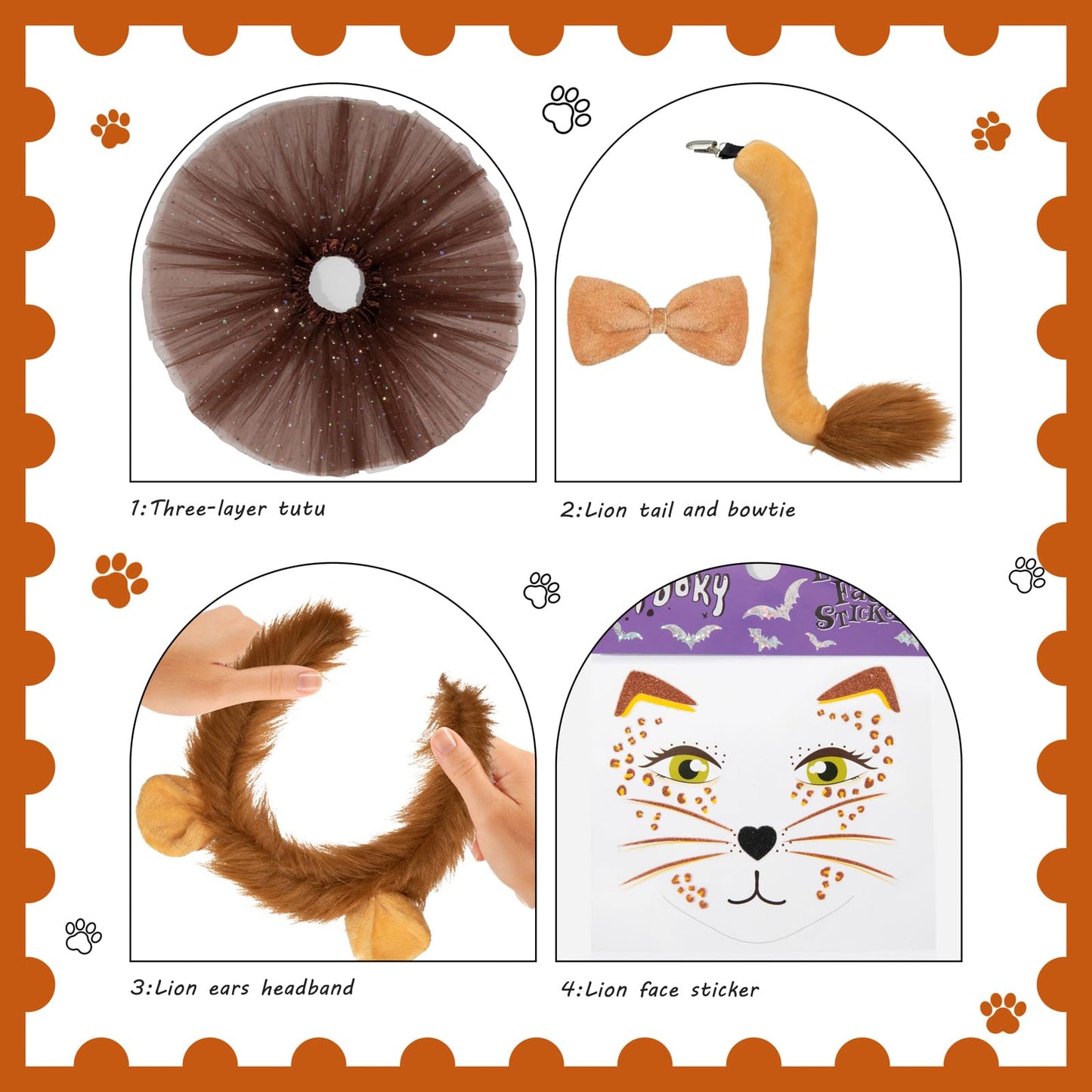 5 Pcs Lion Costume Set Lion Ears Headband Tail Bowtie Tutu Skirt And Lion Face Sticker For Girls Kids Halloween Cosplay Party