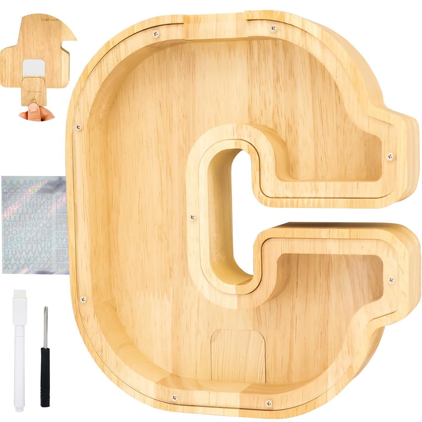 Bitreeworks Letter Piggy Bank, Personalized Wooden Coin Banks, Large Wood Money Peny Bank for Adults (9'', Alphabet C)