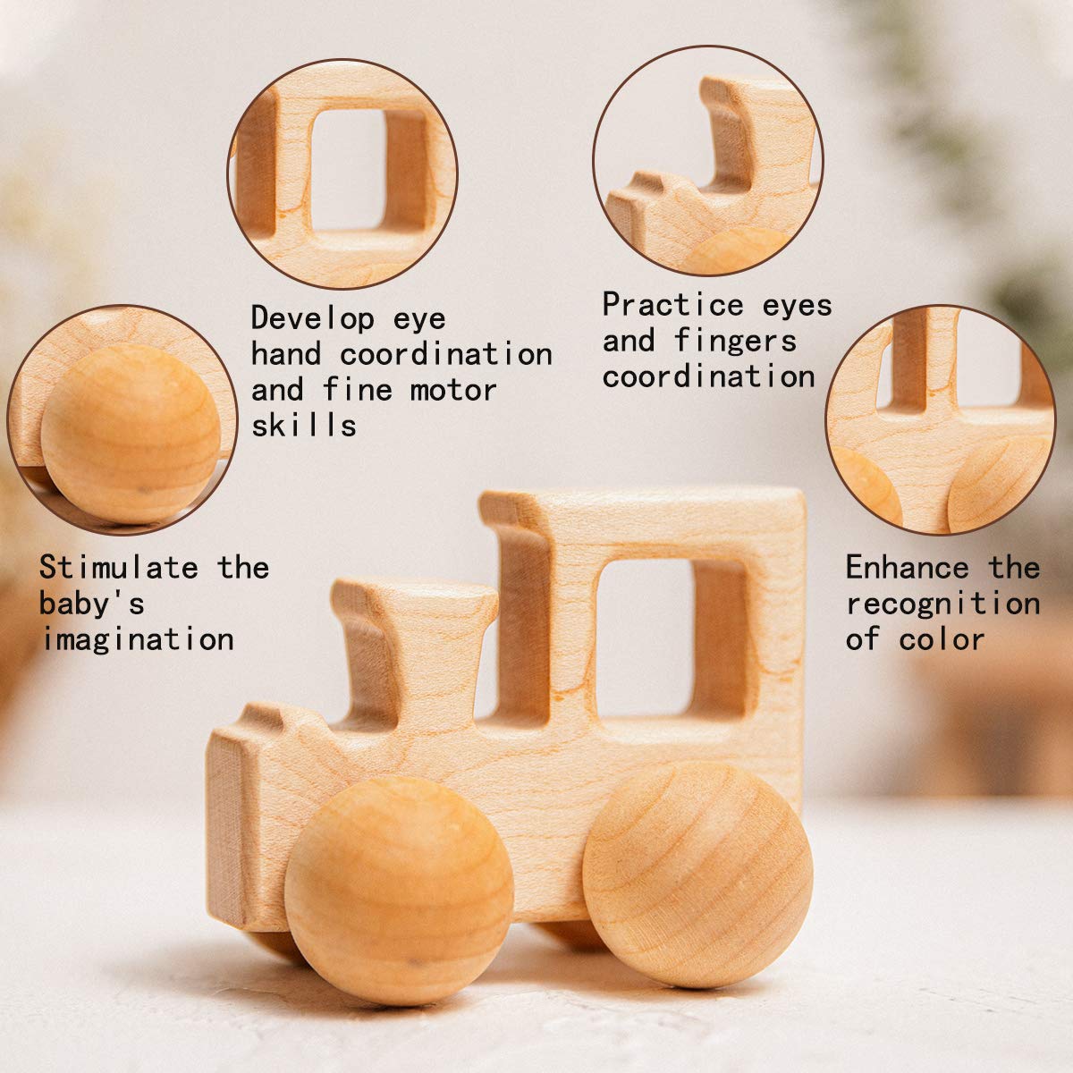 Promise Babe Wooden Rattle Push Car Toys Set Infant Wooden Rattles Interesting Toys 2 Pc Baby Vehicle Toys Hand Push Cars Montes
