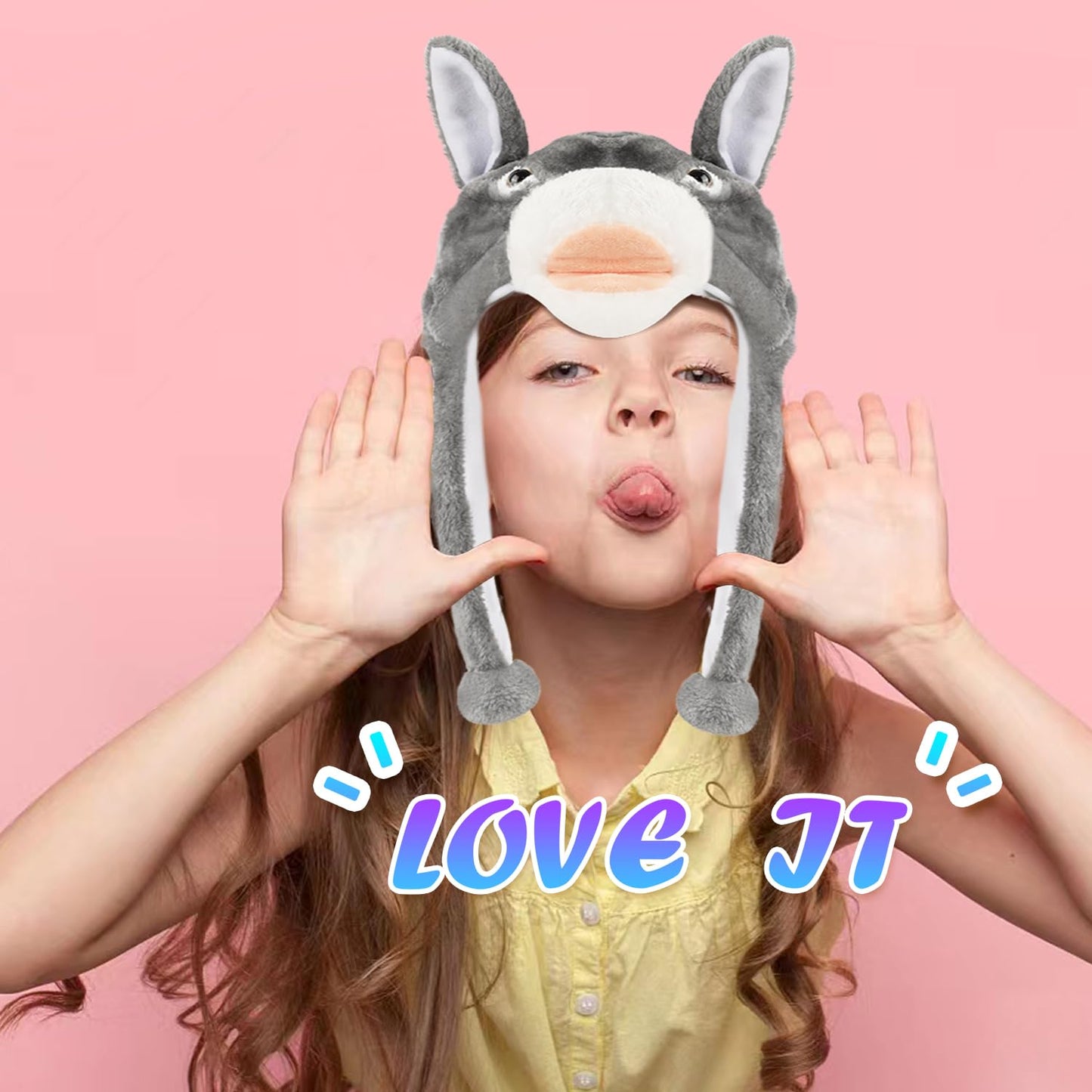 Funny Plush Animal Hat With Ear Flaps, Soft Fleece Hats Cute Bunny Cap For Kids Women Girls Cosplay Party (Donkey) Multi-Colored