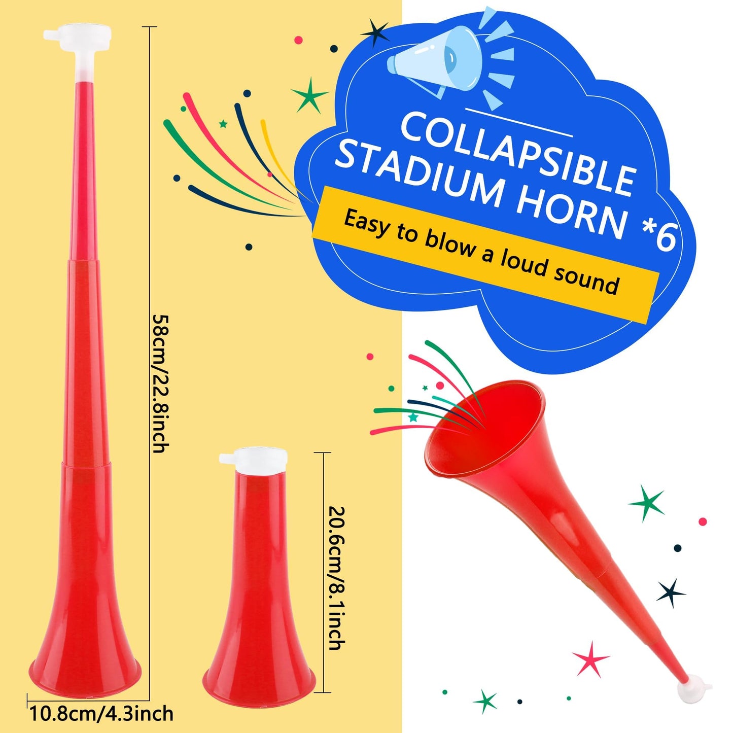 Cagemoga 6 Pieces Collapsible Stadium Horn 24 Inch Plastic Trumpet Horn Stadium Horn Noise Maker For Sporting Events Sports Them