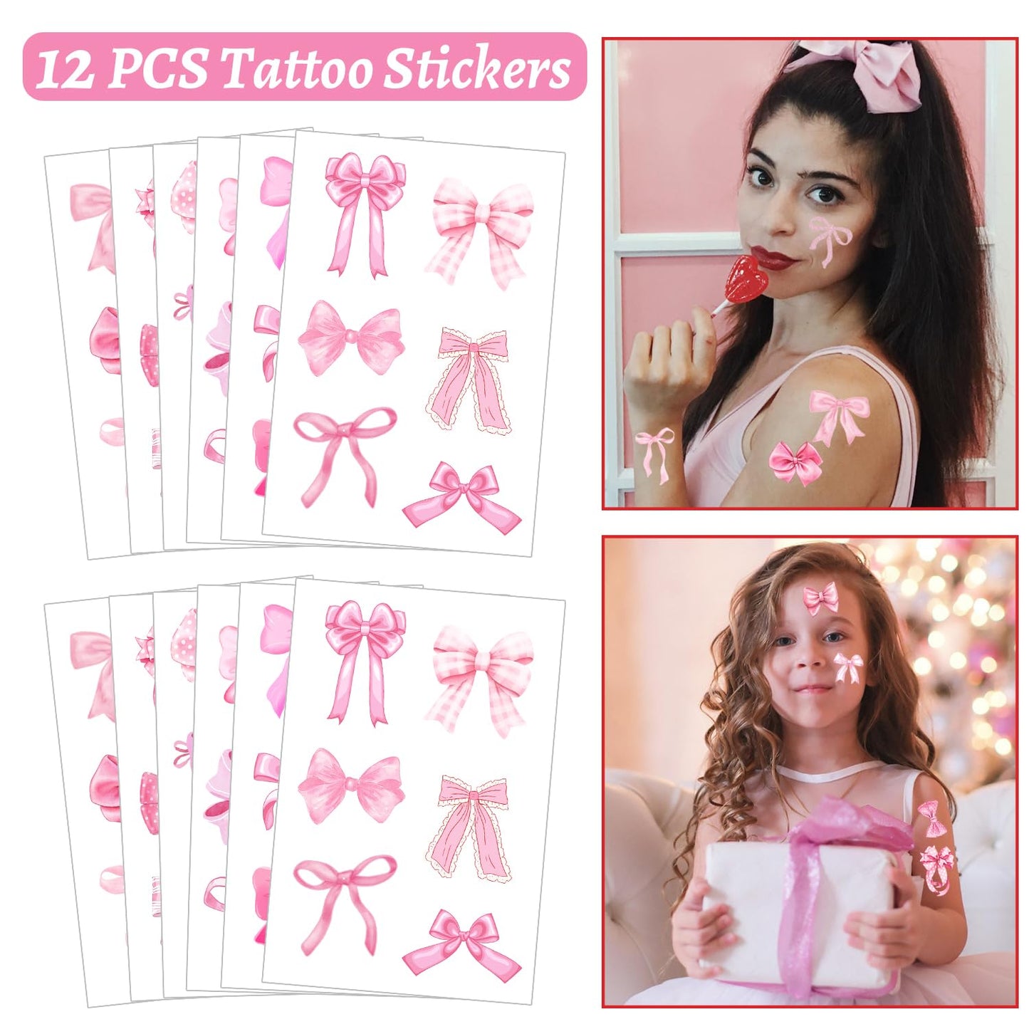110 PCS Pink Coquette Bow Party Favors, Pink Coquette Bow Temporary Tattoos Slap Bracelets Stickers Keychains Badges Gift Bags f