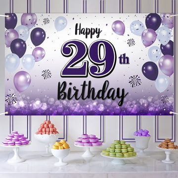 LASKYER Happy 29th Birthday Decorations,29th Purple Balloon Large Birthday Banner Backdrop Sign,29 Years Old Bday Party Supplies