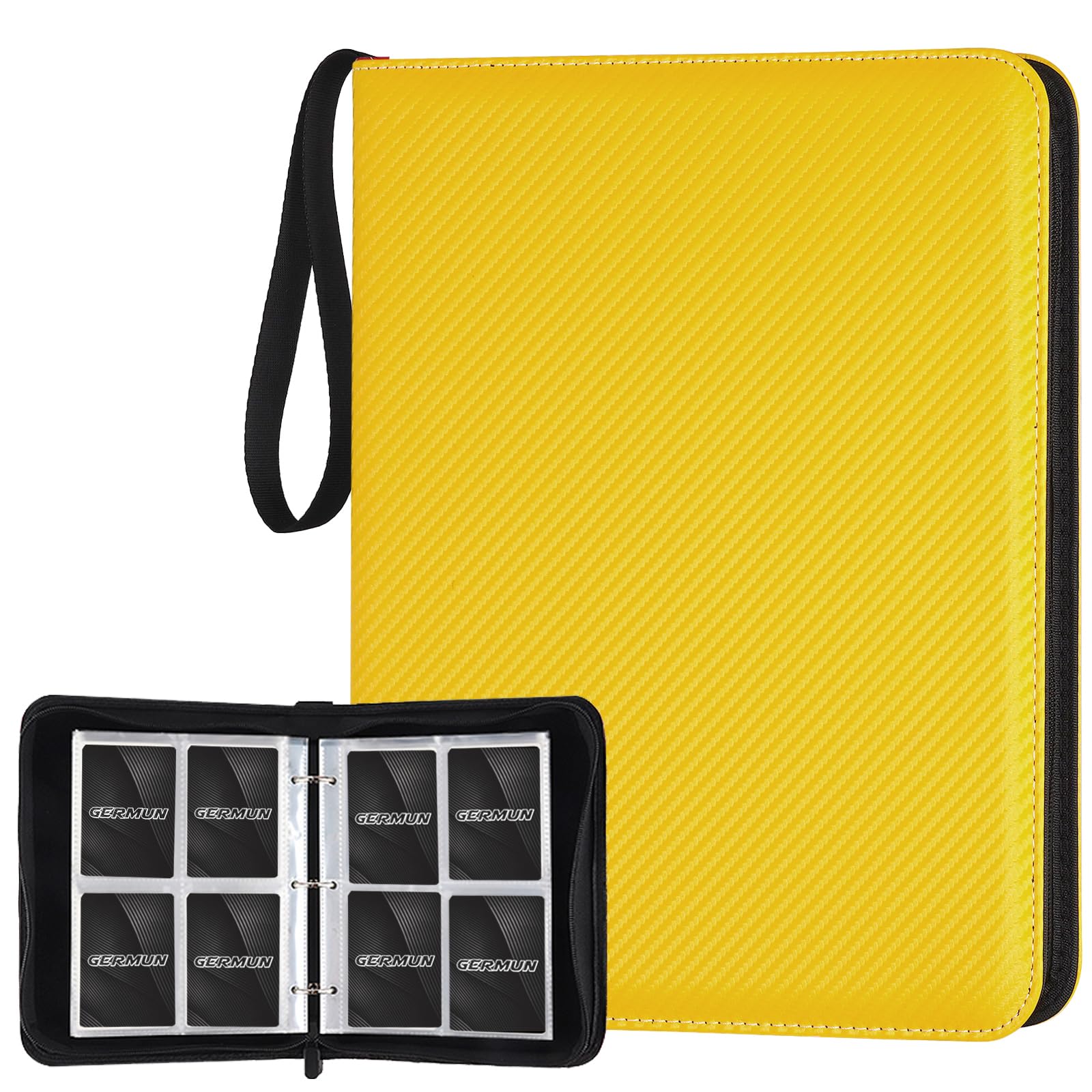 GERMUN 4 Pocket Card Binder  enhanced Zip Trading Card Binder  400 Double Sided Pocket PU Card Collection Binder  Collector Card Album  Card Folder for MTG  TCG  Sports Cards  Game Cards (Yellow)
