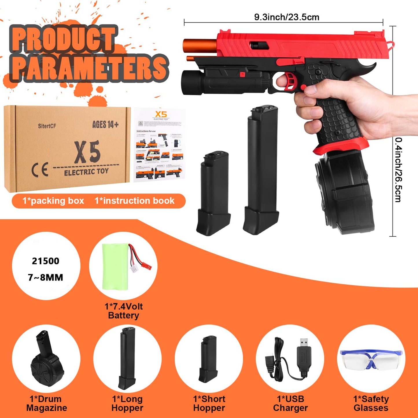 Electric Gel Toys New X5, Full Auto Splat-Blaster Includes Drum and Goggles for Outdoor Team Game, X2 Upgrade Version for Ages 1