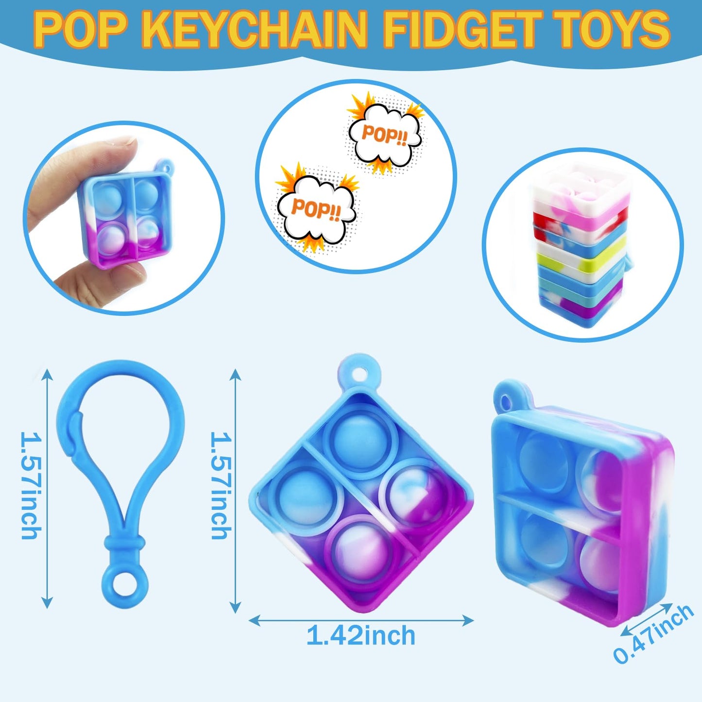 100 Pack Square Pop Fidget Keychain Pop Fidget Toys Bulk Party Favors For Kids 4-8,8-12 Years, Goodies Bag Stuffers Bulk, Gift F
