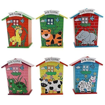 GOLD LEAF Return Gift Piggy Bank Wood House Animal Designs (1J251)  Pack of 6, Cottage, MultiColoured