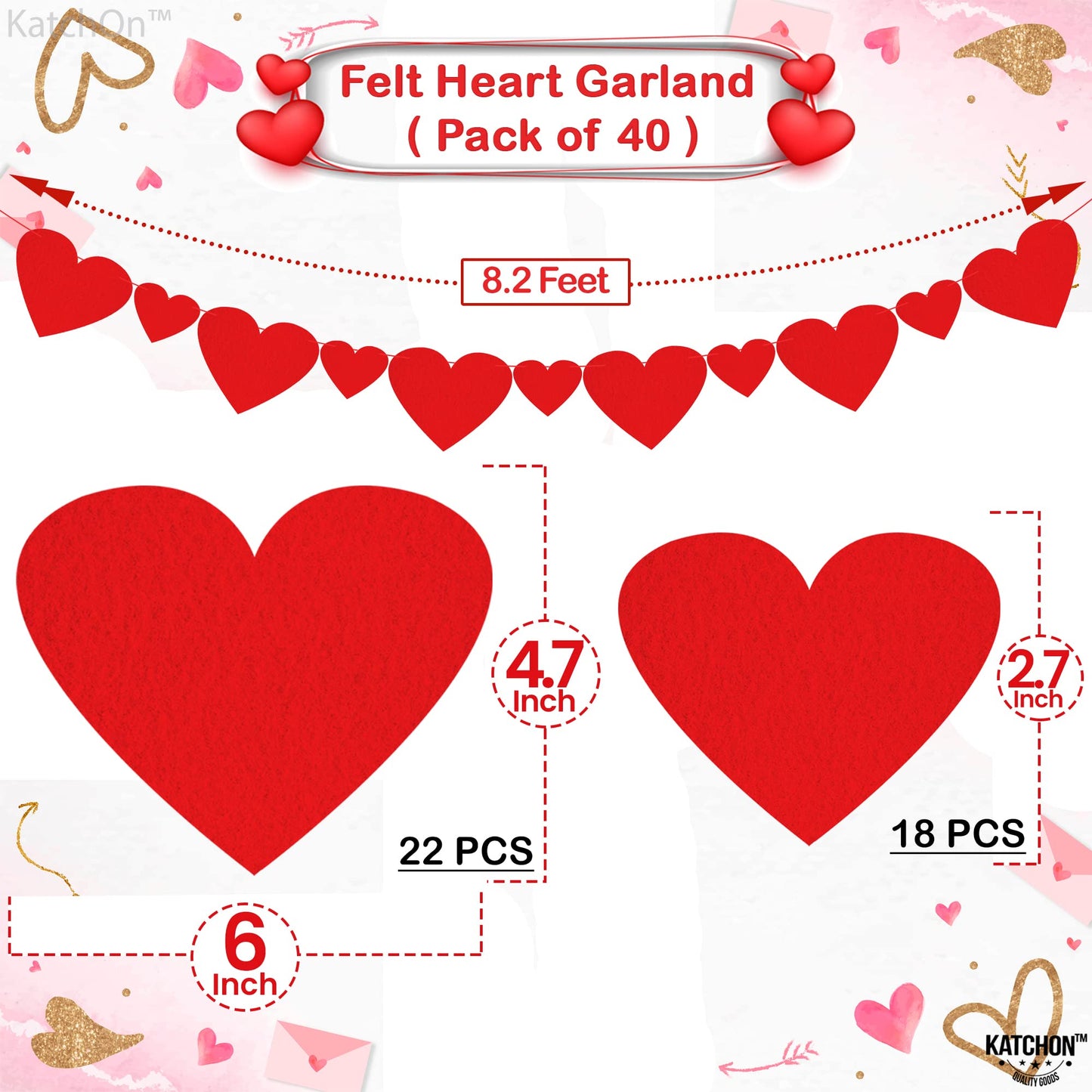 KatchOn, Red Valentines Day Garland - Pack of 40 | Felt Heart Garland for Valentines Day Decorations | Valentine Garland, Galent