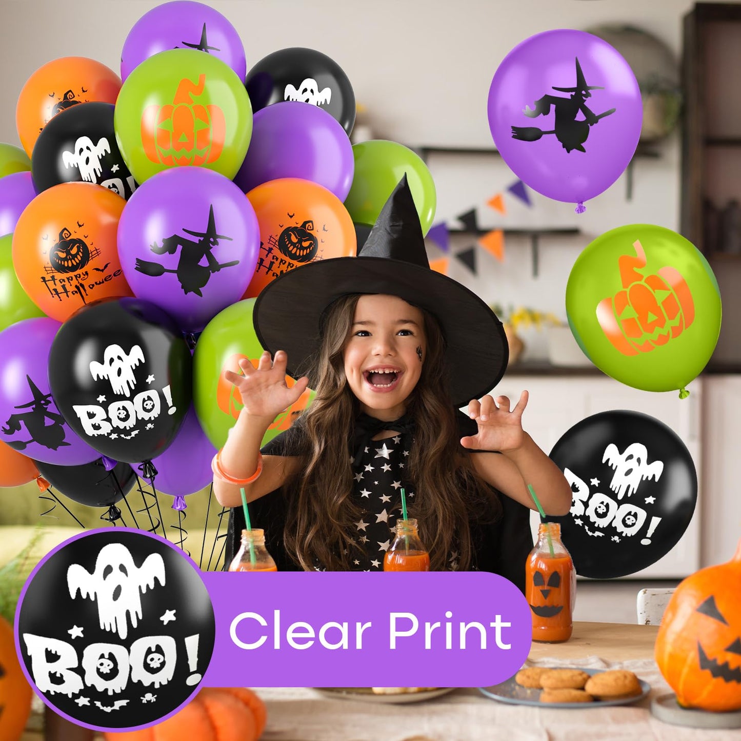 Funhot Halloween Party Balloons, 60Pcs Purple Orange Green Balloons, 12 Inch Orange Black Purple And Green Printed Pattern Decor